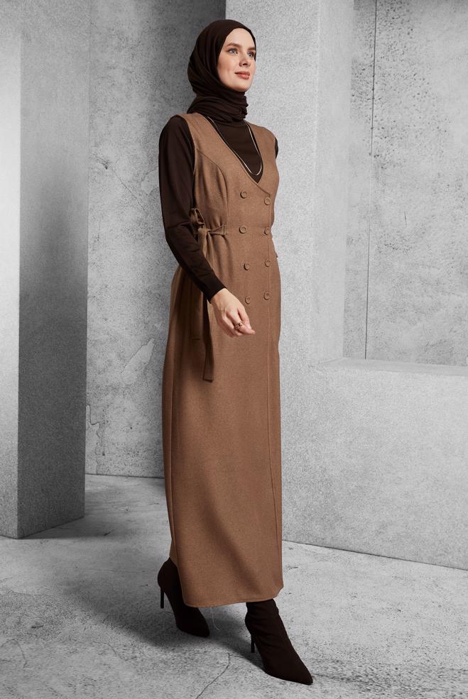 Tesettür giyim TABA KUŞAKLI JİLE ELBİSE 45279 - ALVİNA