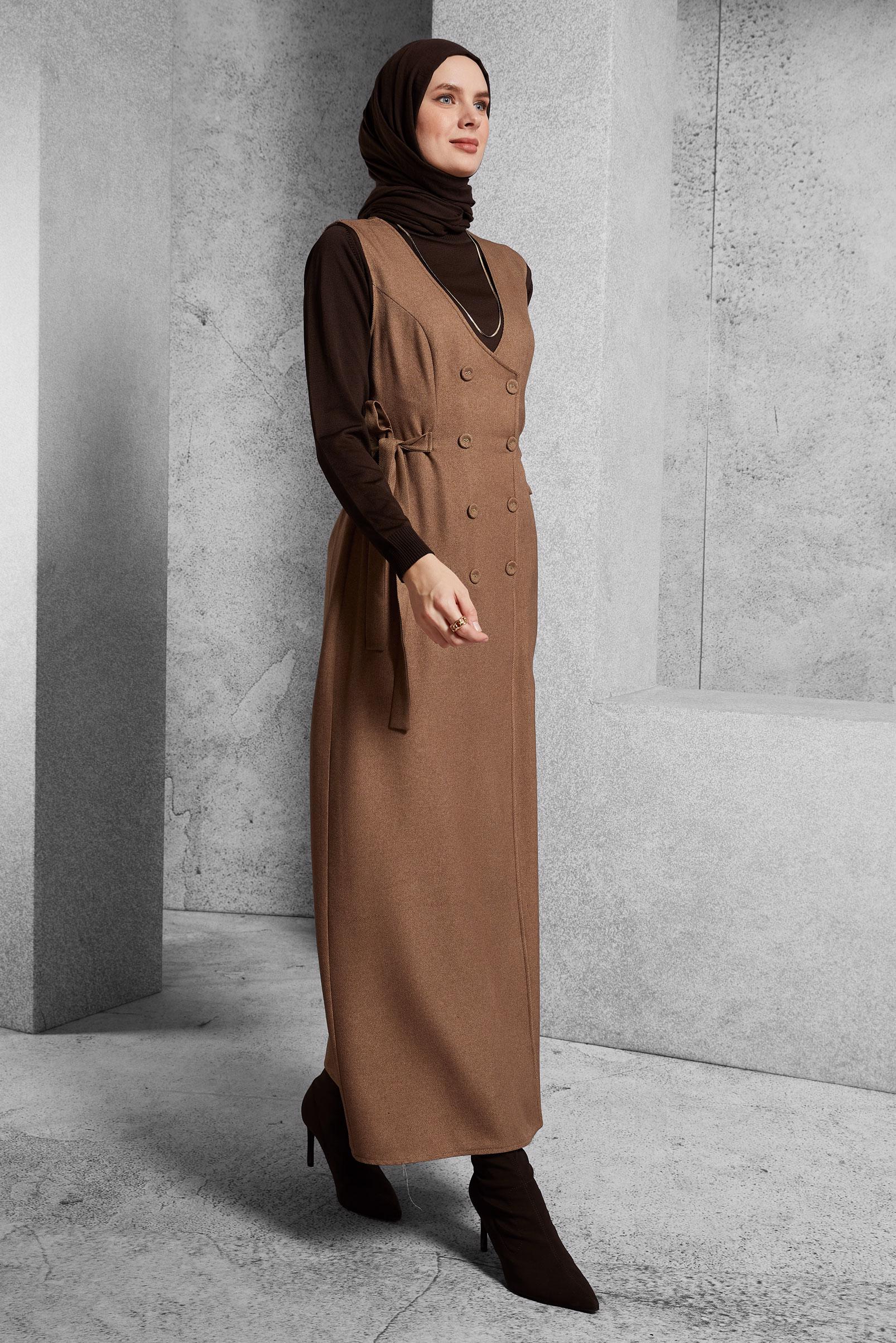 Tesettür giyim TABA KUŞAKLI JİLE ELBİSE 45279