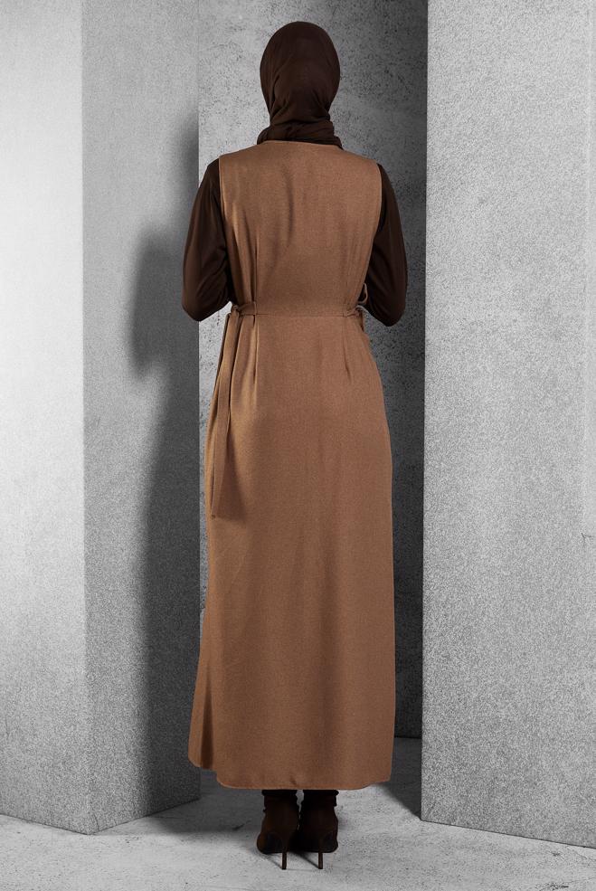 Tesettür giyim TABA KUŞAKLI JİLE ELBİSE 45279 - ALVİNA