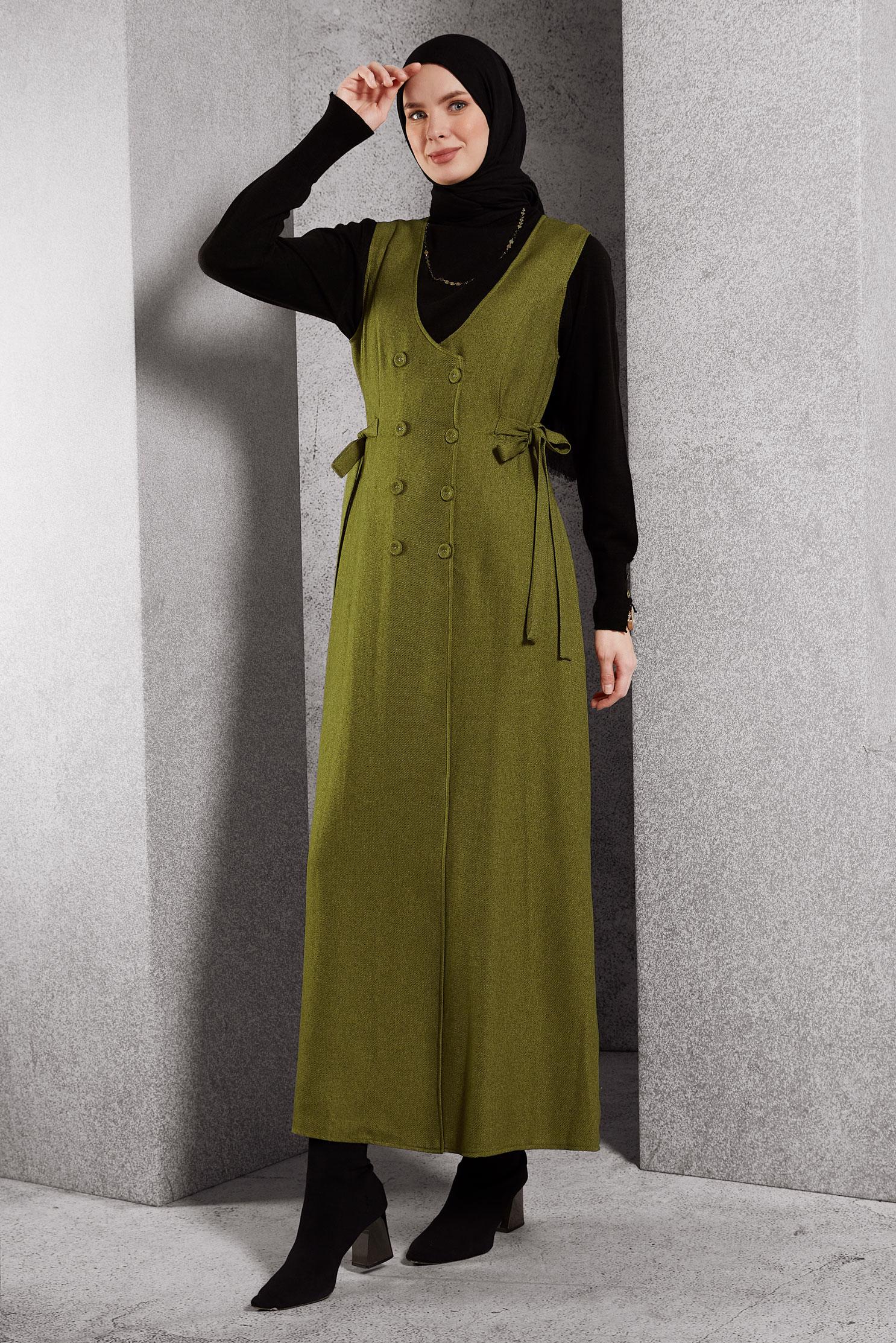 Tesettür giyim YEŞİL KUŞAKLI JİLE ELBİSE 45279