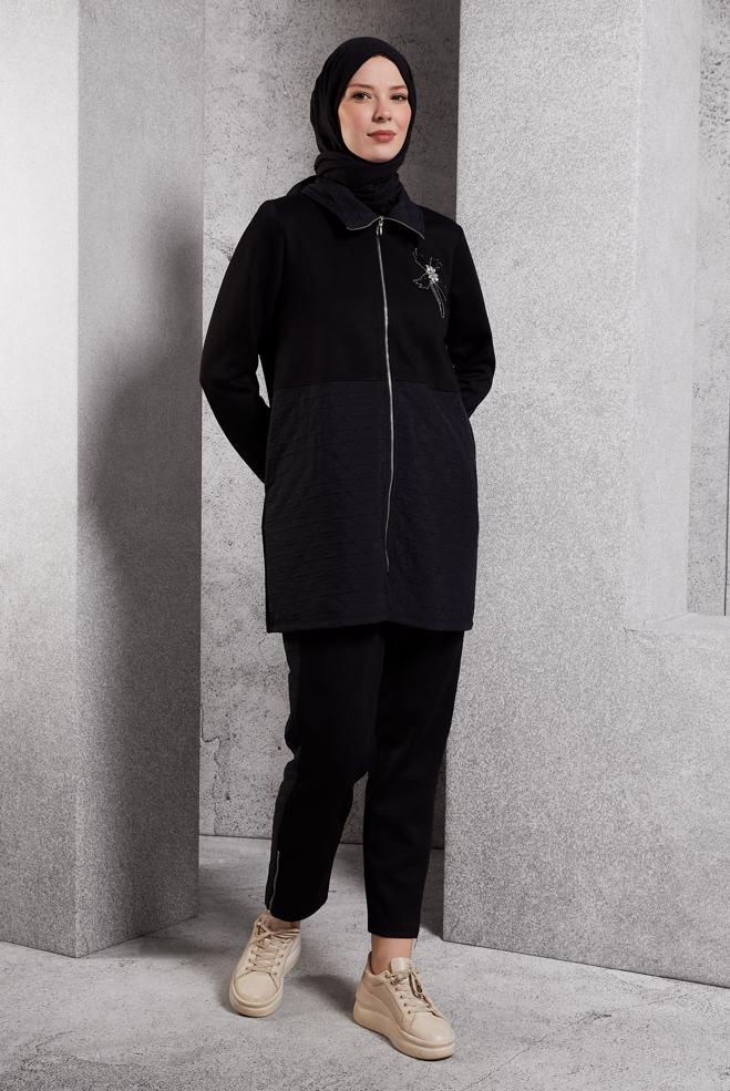 Vêtements hijab NOIR ENSEMBLE DE SURVÊTEMENT MATELASSÉ 45036 - ALVİNA