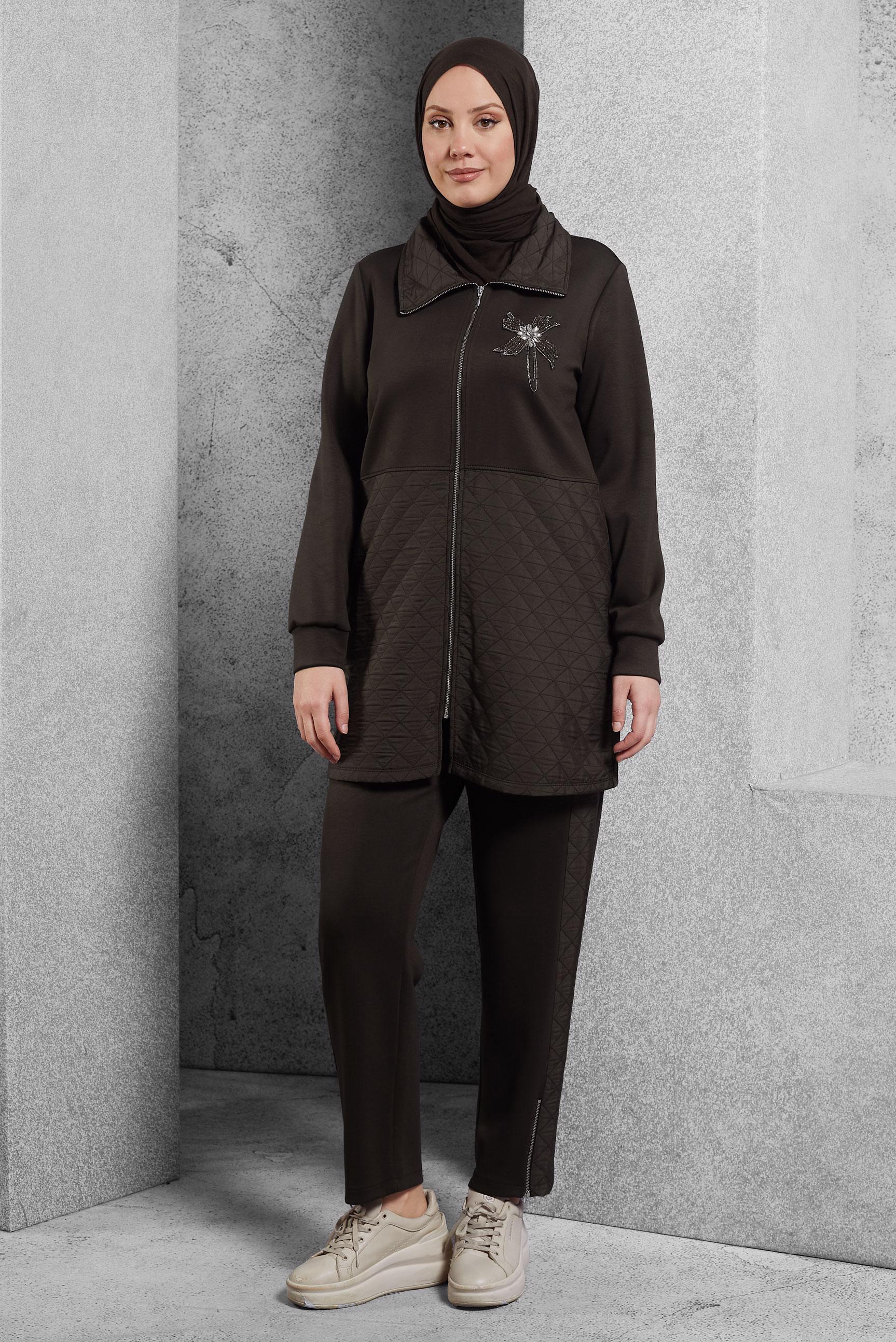 Tesettür giyim KAHVE KAPİTONE PANTOLONLU EŞOFMAN TAKIM 45036