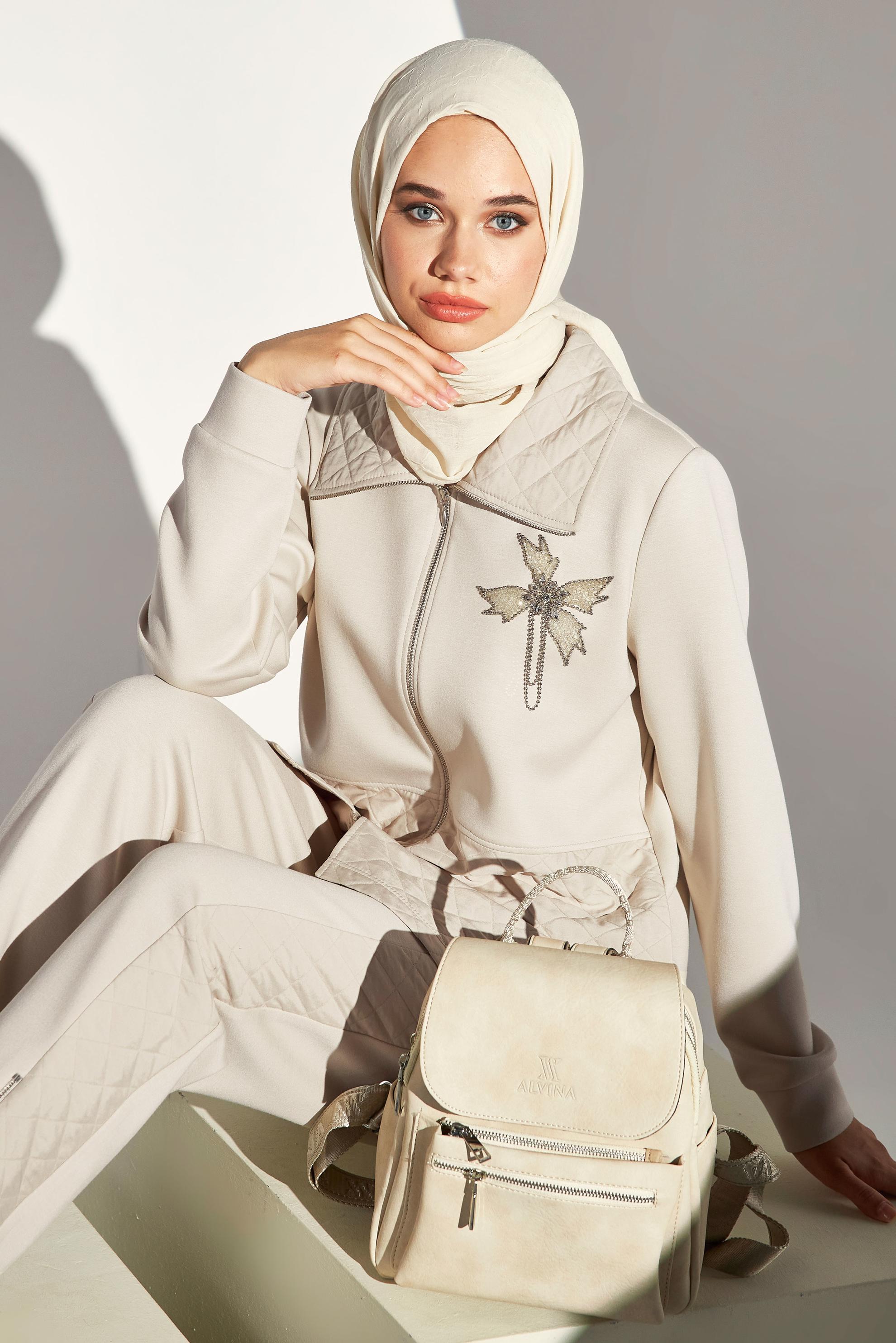 Tesettür giyim EKRU KAPİTONE PANTOLONLU EŞOFMAN TAKIM 45036