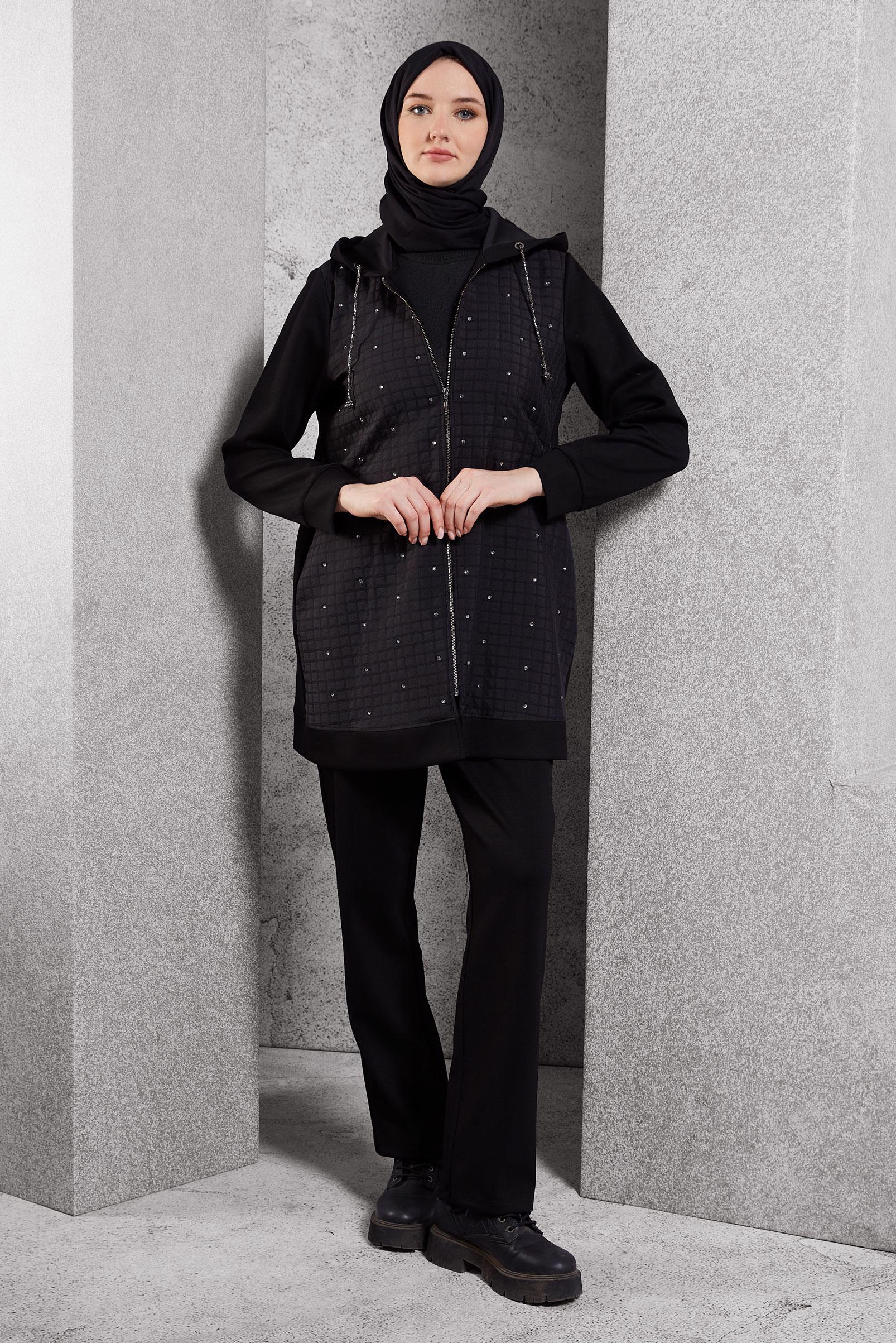 Tesettür giyim SİYAH KAPİTONE DESENLİ EŞOFMAN TAKIM 45038