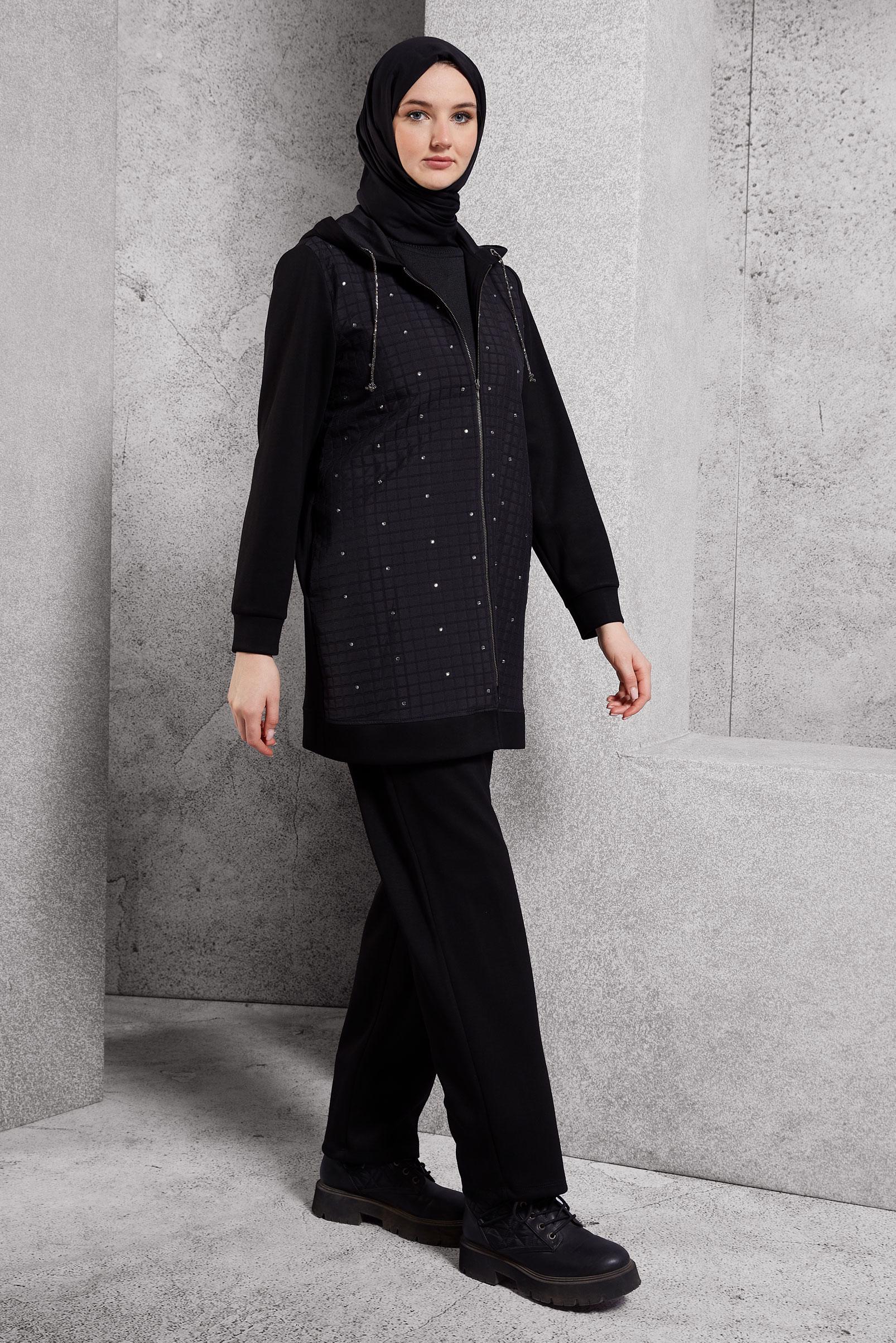 Tesettür giyim SİYAH KAPİTONE DESENLİ EŞOFMAN TAKIM 45038