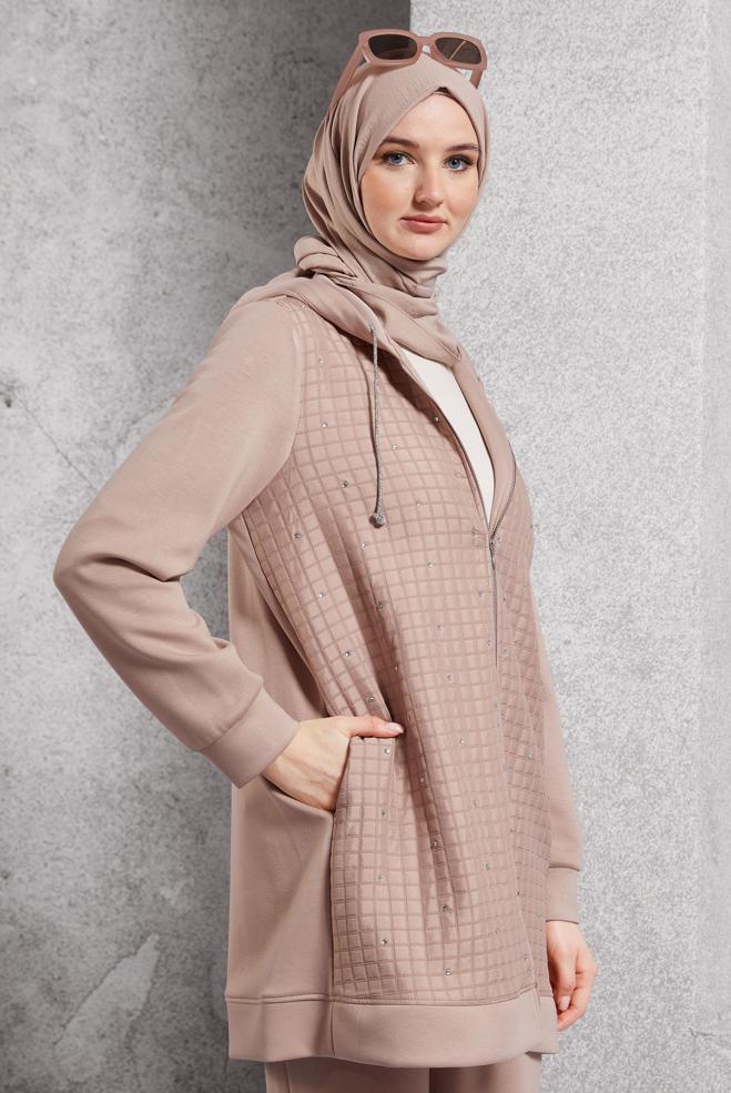 Tesettür giyim KAHVE KAPİTONE DESENLİ EŞOFMAN TAKIM 45038 - ALVİNA
