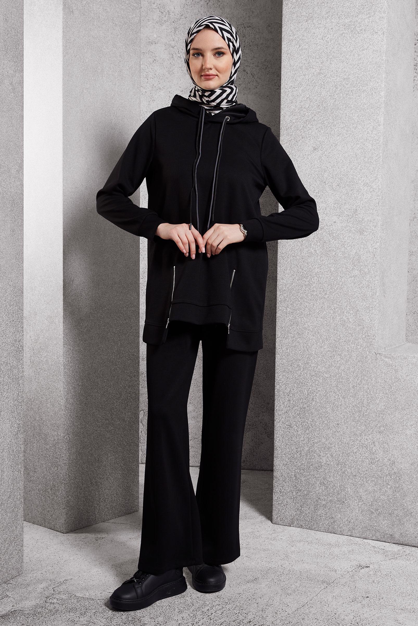 Vêtements hijab NOIR ENSEMBLE DE SURVÊTEMENT À CAPUCHE 45040