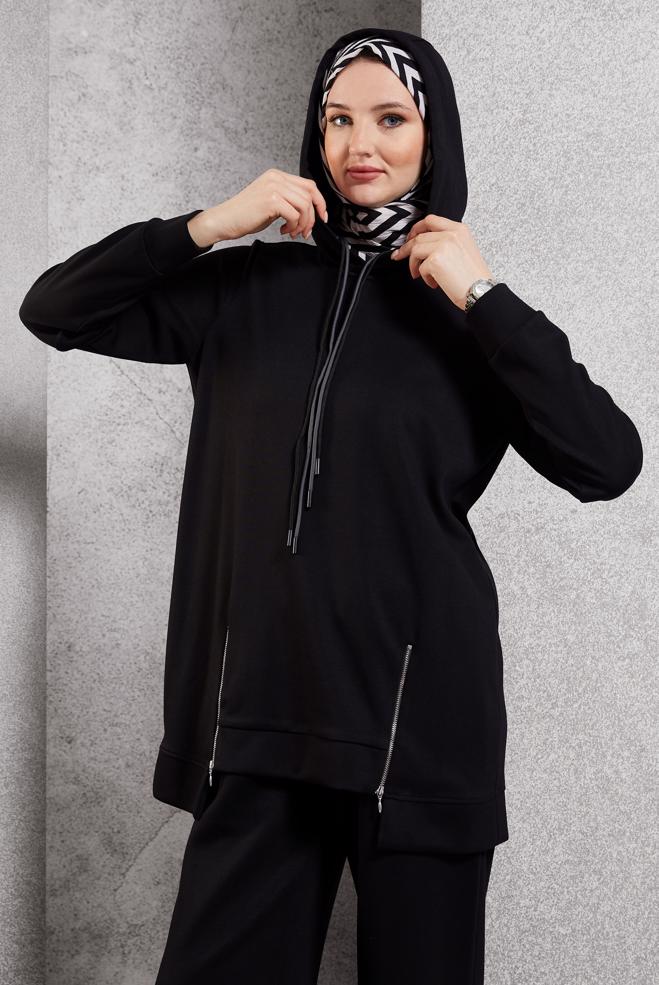Vêtements hijab NOIR ENSEMBLE DE SURVÊTEMENT À CAPUCHE 45040 - ALVİNA