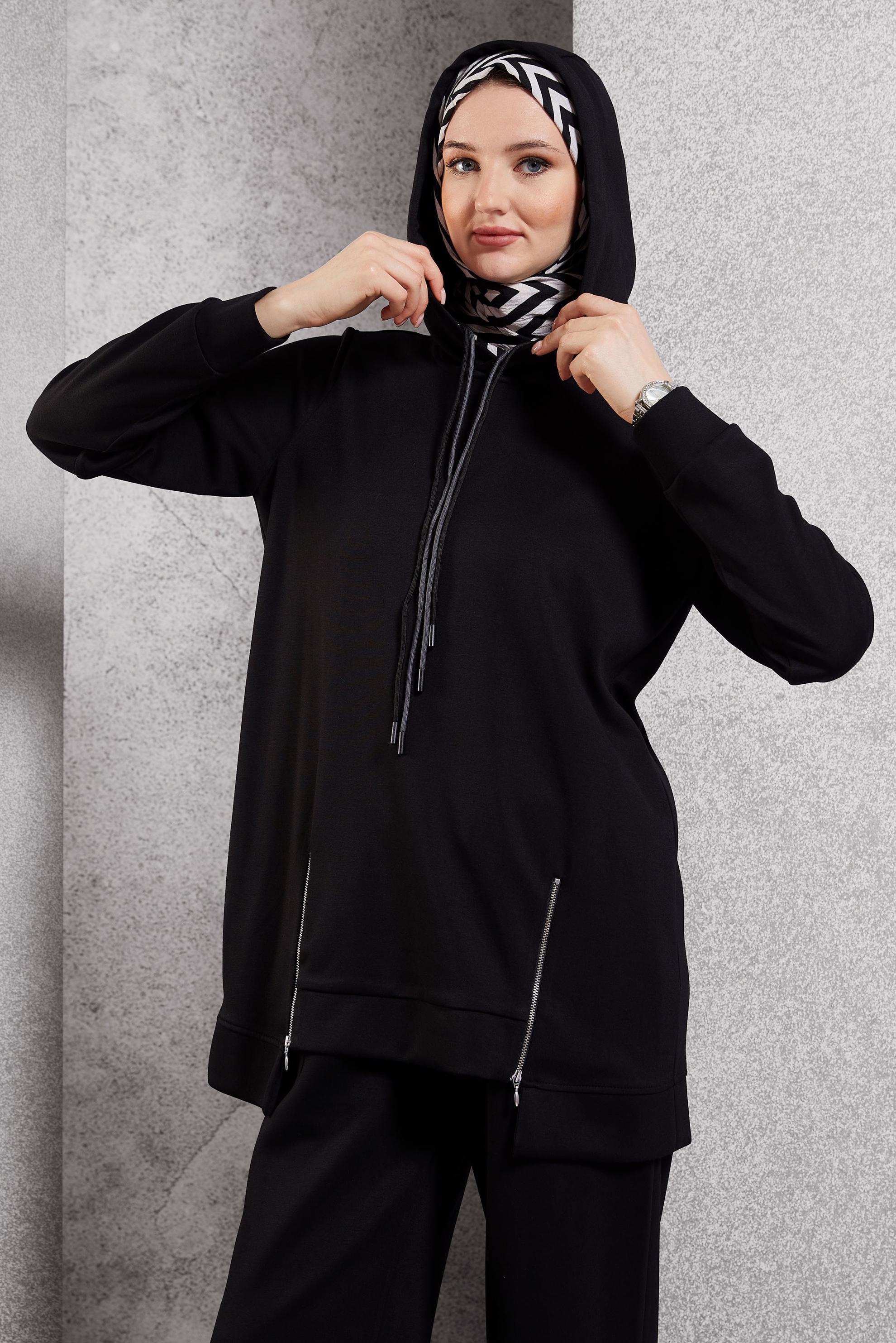 Vêtements hijab NOIR ENSEMBLE DE SURVÊTEMENT À CAPUCHE 45040