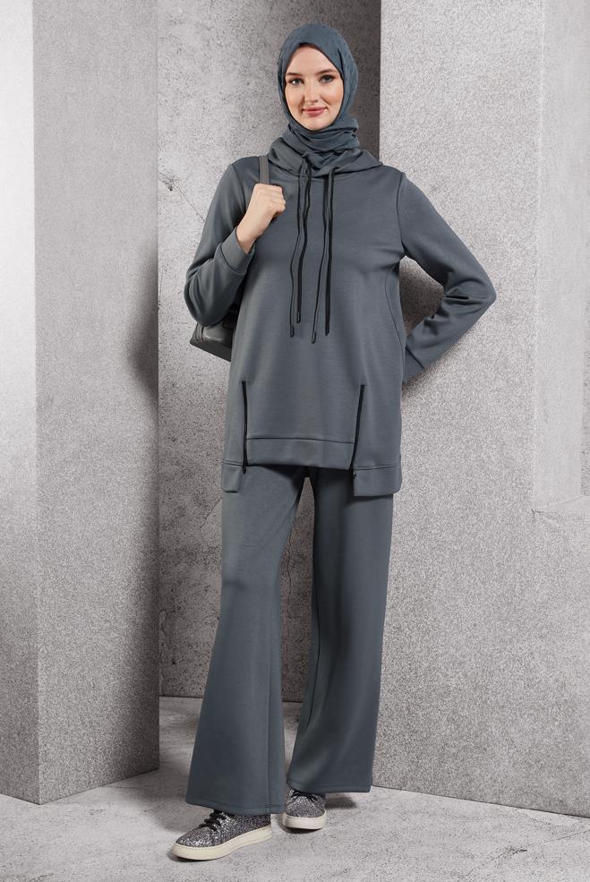 Vêtements hijab GRIS ENSEMBLE DE SURVÊTEMENT À CAPUCHE 45040 - ALVİNA