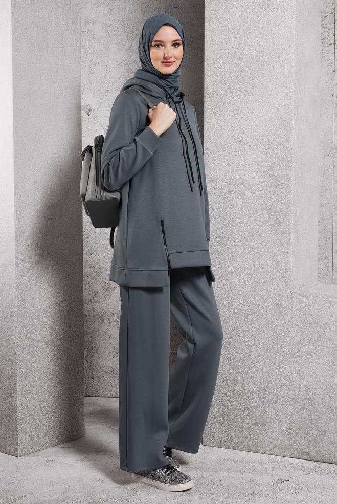 Vêtements hijab GRIS ENSEMBLE DE SURVÊTEMENT À CAPUCHE 45040 - ALVİNA
