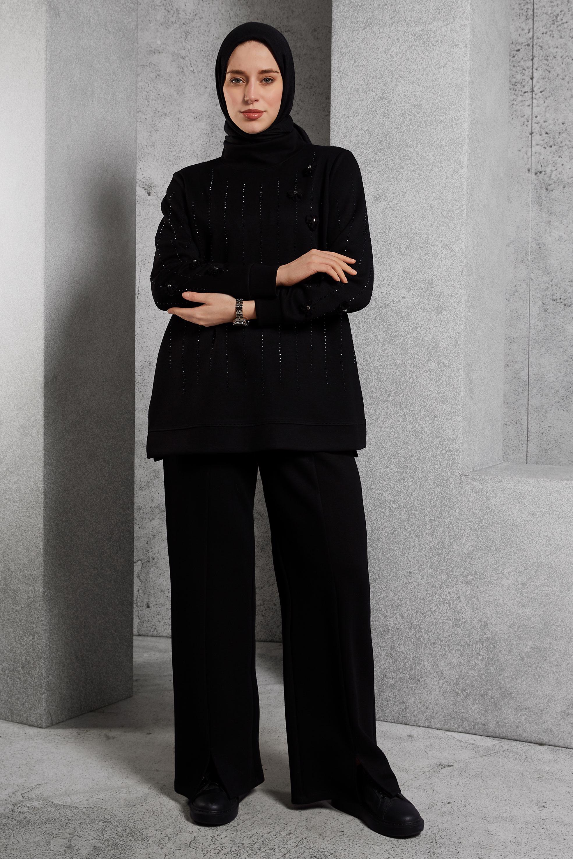 Vêtements hijab NOIR ENSEMBLE DE SURVÊTEMENT AVEC DÉTAIL DE BIJOUX 45041