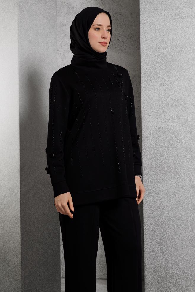 Vêtements hijab NOIR ENSEMBLE DE SURVÊTEMENT AVEC DÉTAIL DE BIJOUX 45041 - ALVİNA