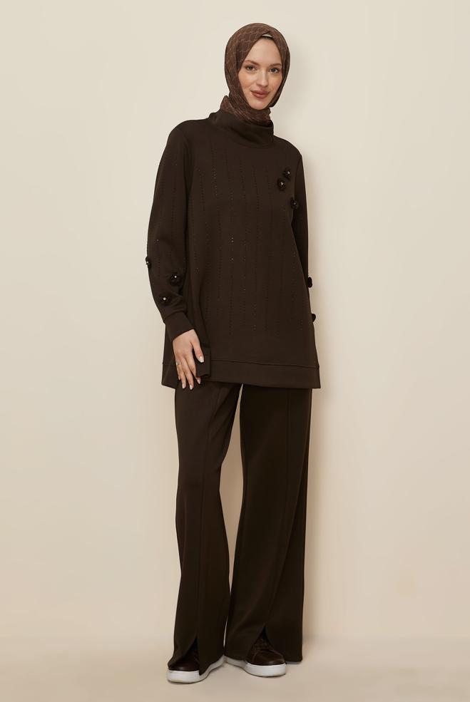 Tesettür giyim KAHVE TAŞLI PANTOLONLU EŞOFMAN TAKIM 45041 - ALVİNA