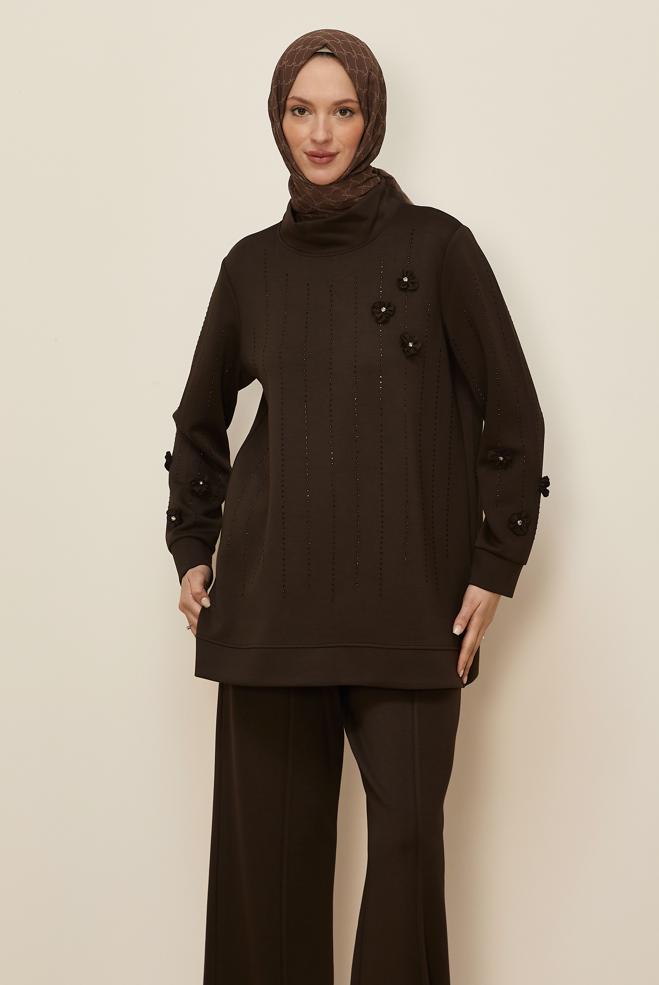 Tesettür giyim KAHVE TAŞLI PANTOLONLU EŞOFMAN TAKIM 45041 - ALVİNA