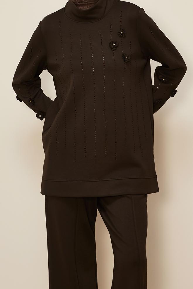 Tesettür giyim KAHVE TAŞLI PANTOLONLU EŞOFMAN TAKIM 45041 - ALVİNA