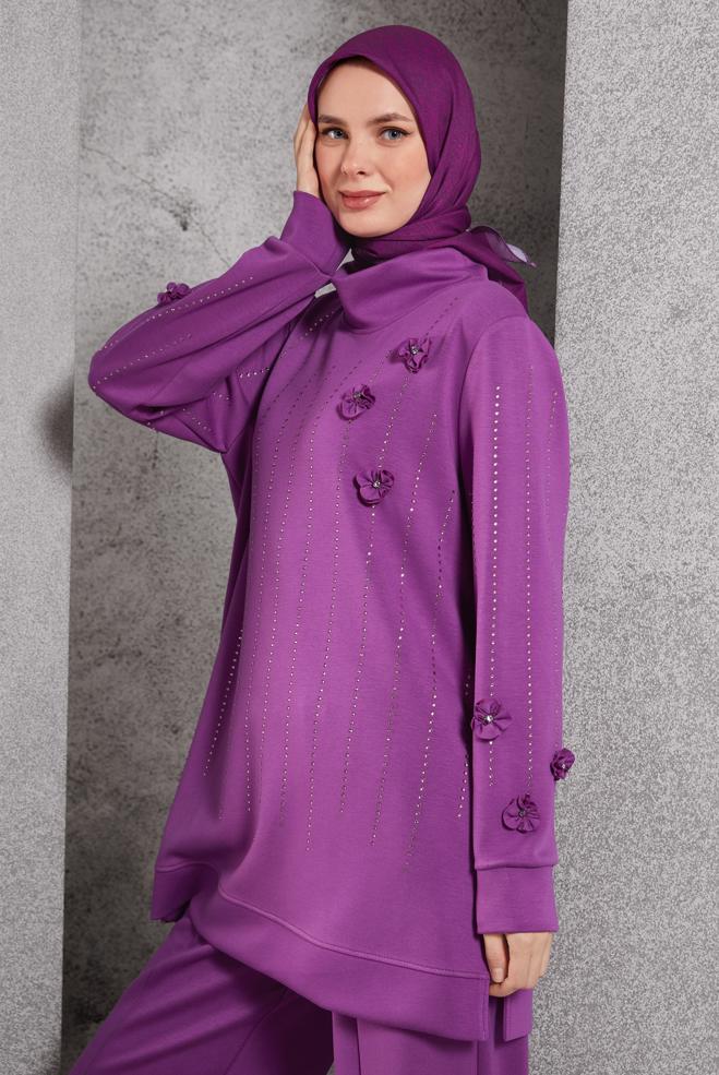 Vêtements hijab POURPRE ENSEMBLE DE SURVÊTEMENT AVEC DÉTAIL DE BIJOUX 45041 - ALVİNA