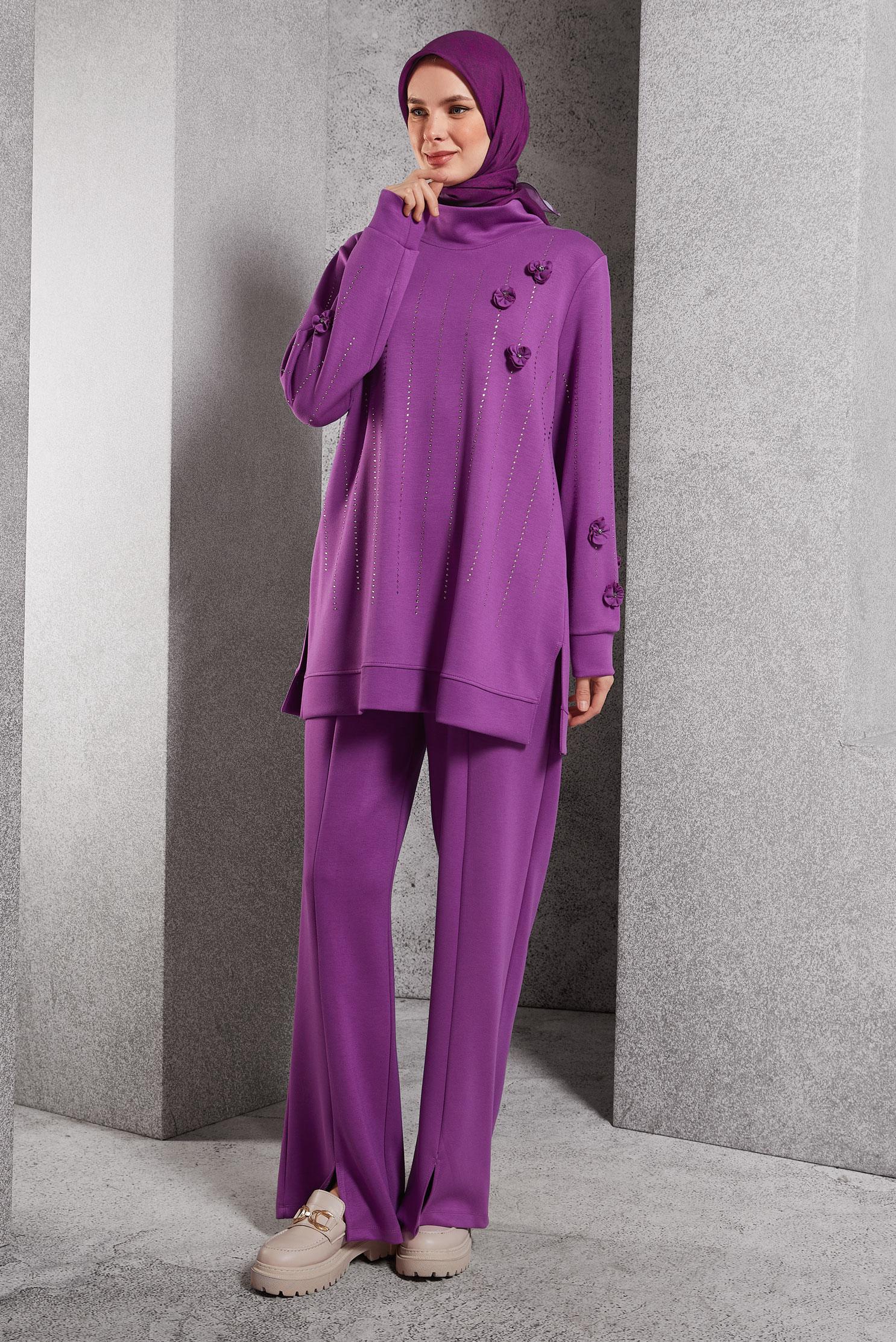Tesettür giyim MOR TAŞLI PANTOLONLU EŞOFMAN TAKIM 45041