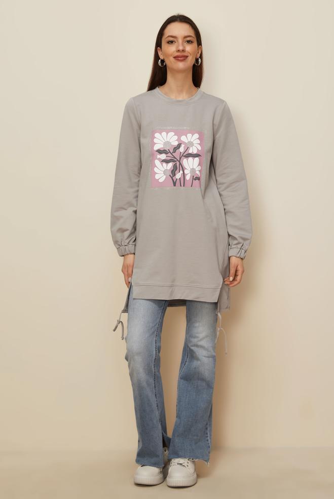 Vêtements hijab GRIS TUNIQUE DE SURVÊTEMENT IMPRIMÉE 45042 - ALVİNA