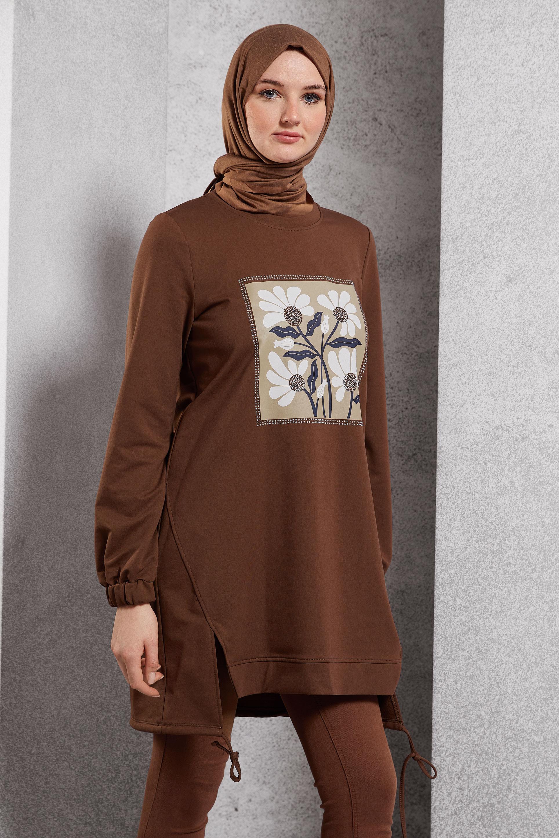 Hijab clothing BROWN PRINTED TRACKSUIT TUNIC 45042