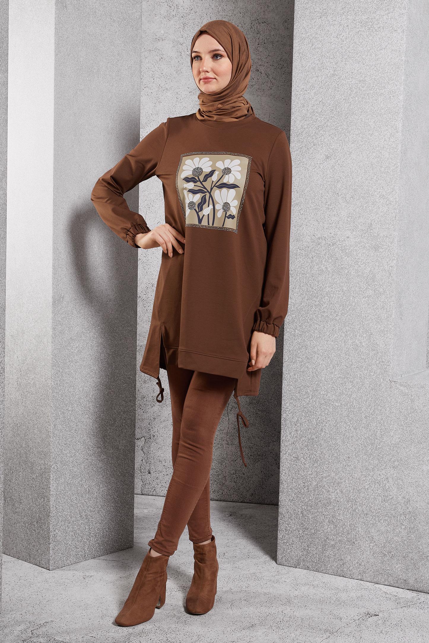 Hijab clothing BROWN PRINTED TRACKSUIT TUNIC 45042