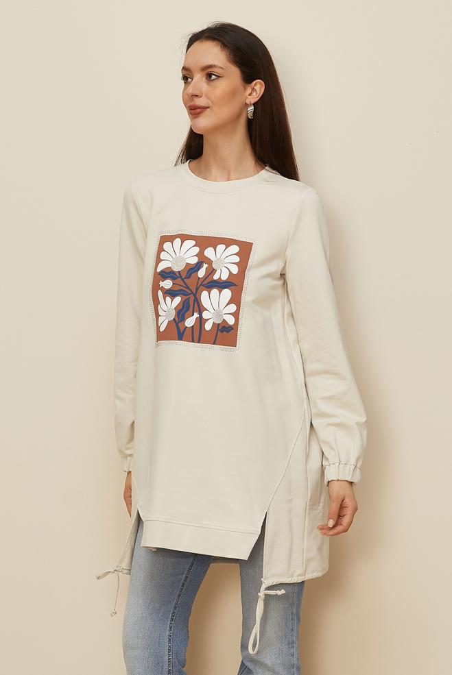 Vêtements hijab BEIGE TUNIQUE DE SURVÊTEMENT IMPRIMÉE 45042 - ALVİNA