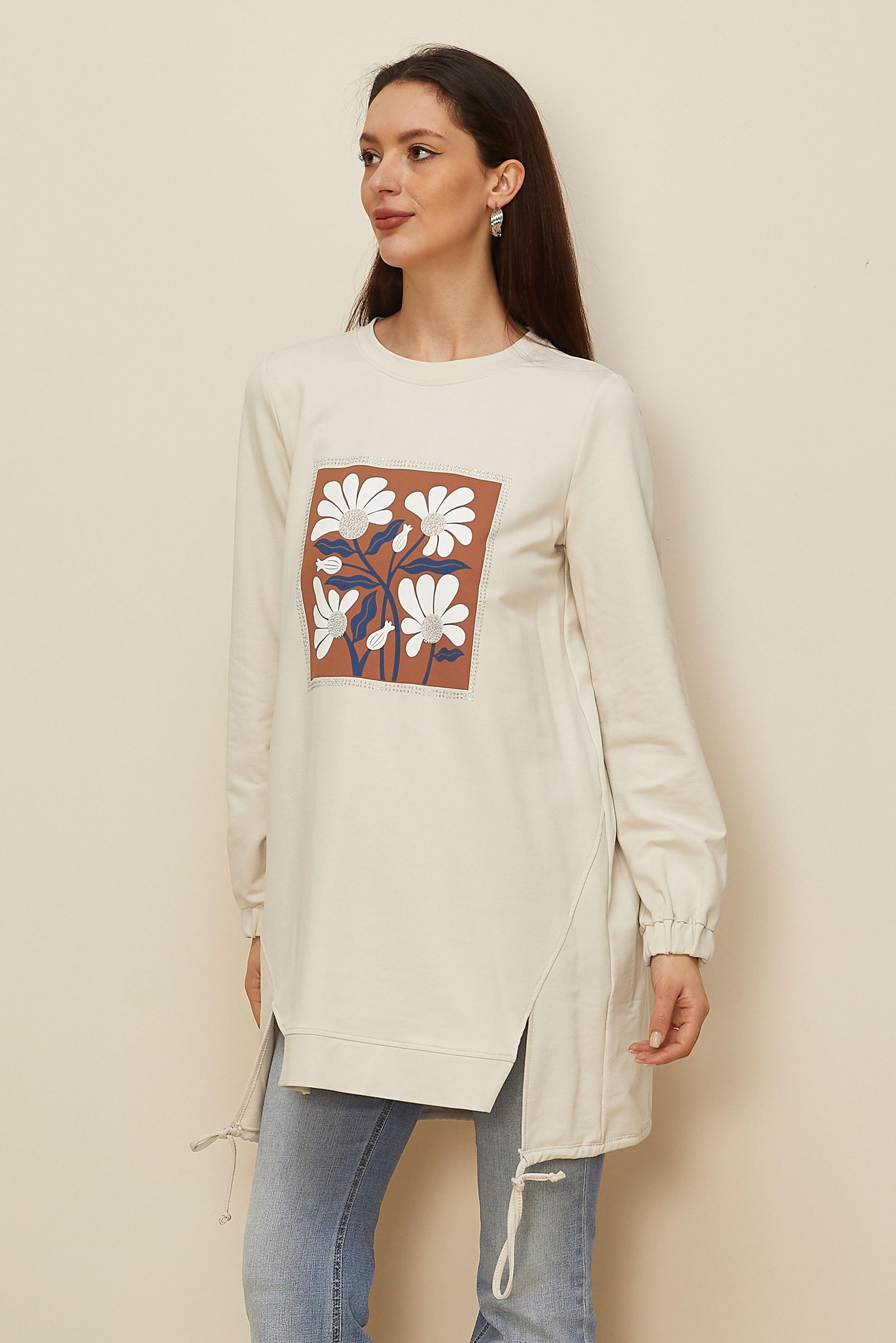 Tesettür giyim BEJ BASKILI EŞOFMAN TUNİK 45042