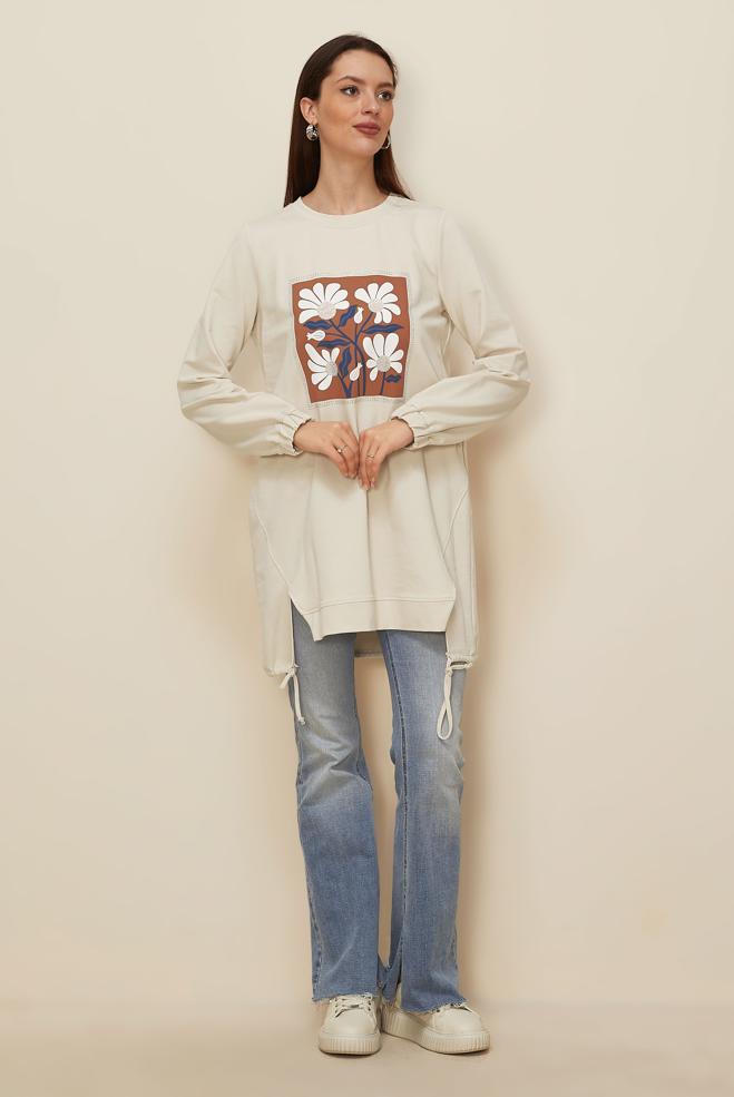 Vêtements hijab BEIGE TUNIQUE DE SURVÊTEMENT IMPRIMÉE 45042 - ALVİNA