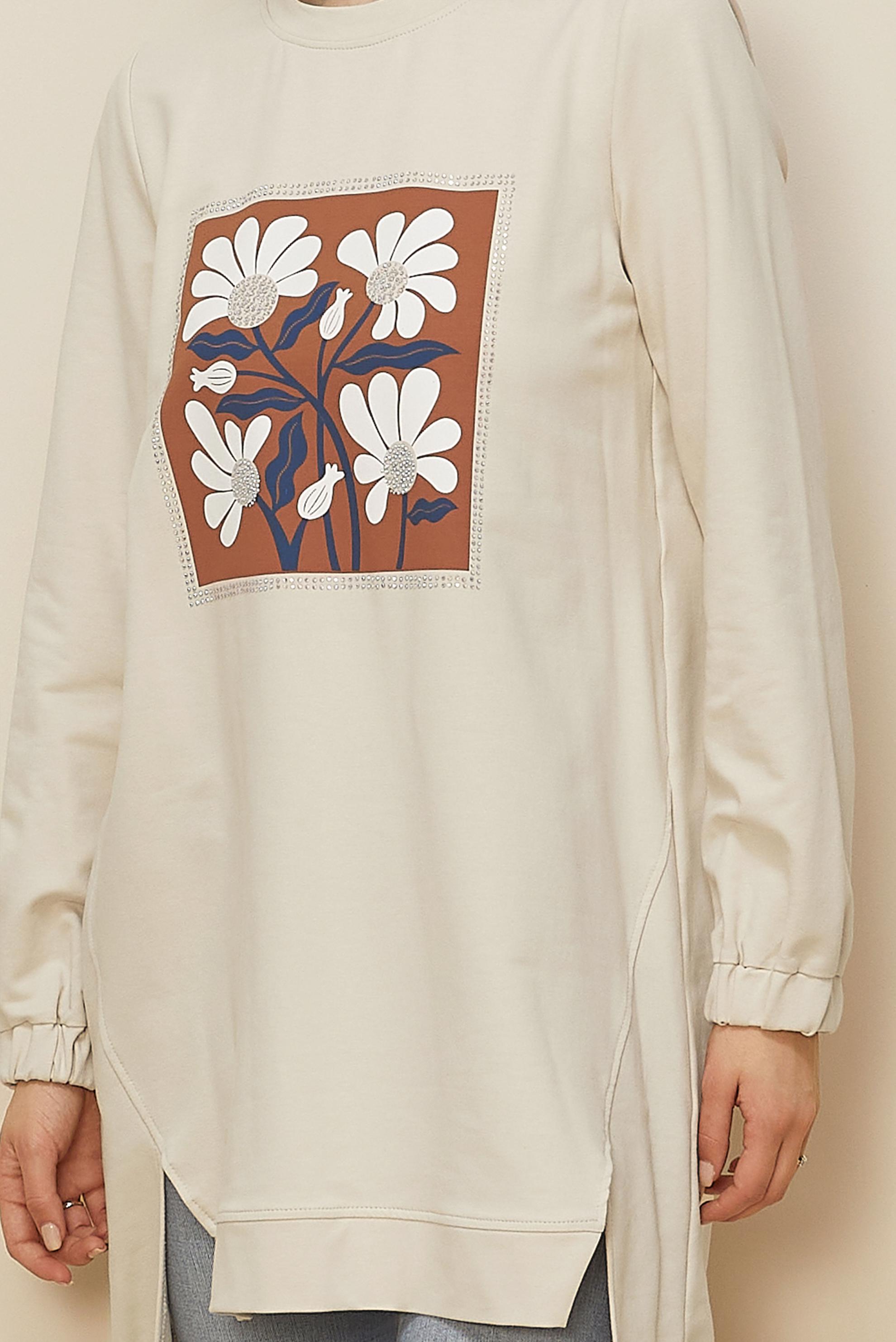 Tesettür giyim BEJ BASKILI EŞOFMAN TUNİK 45042