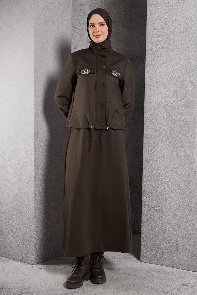 Vêtements hijab BRUN ENSEMBLE DE SURVÊTEMENT À JUPE 45053 - ALVİNA