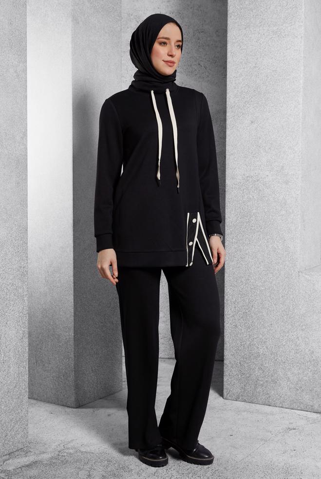 Vêtements hijab NOIR ENSEMBLE SURVÊTEMENT AVEC PANTALON 45055  - ALVİNA
