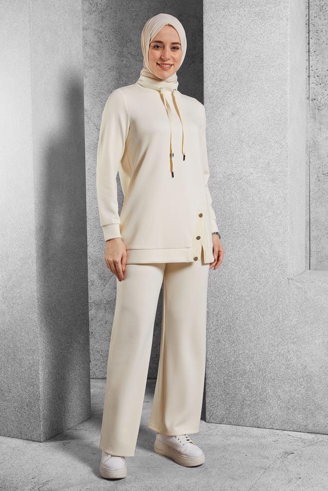 Vêtements hijab ÉCRUE ENSEMBLE SURVÊTEMENT AVEC PANTALON 45055  - ALVİNA
