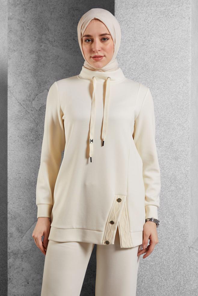 Vêtements hijab ÉCRUE ENSEMBLE SURVÊTEMENT AVEC PANTALON 45055  - ALVİNA