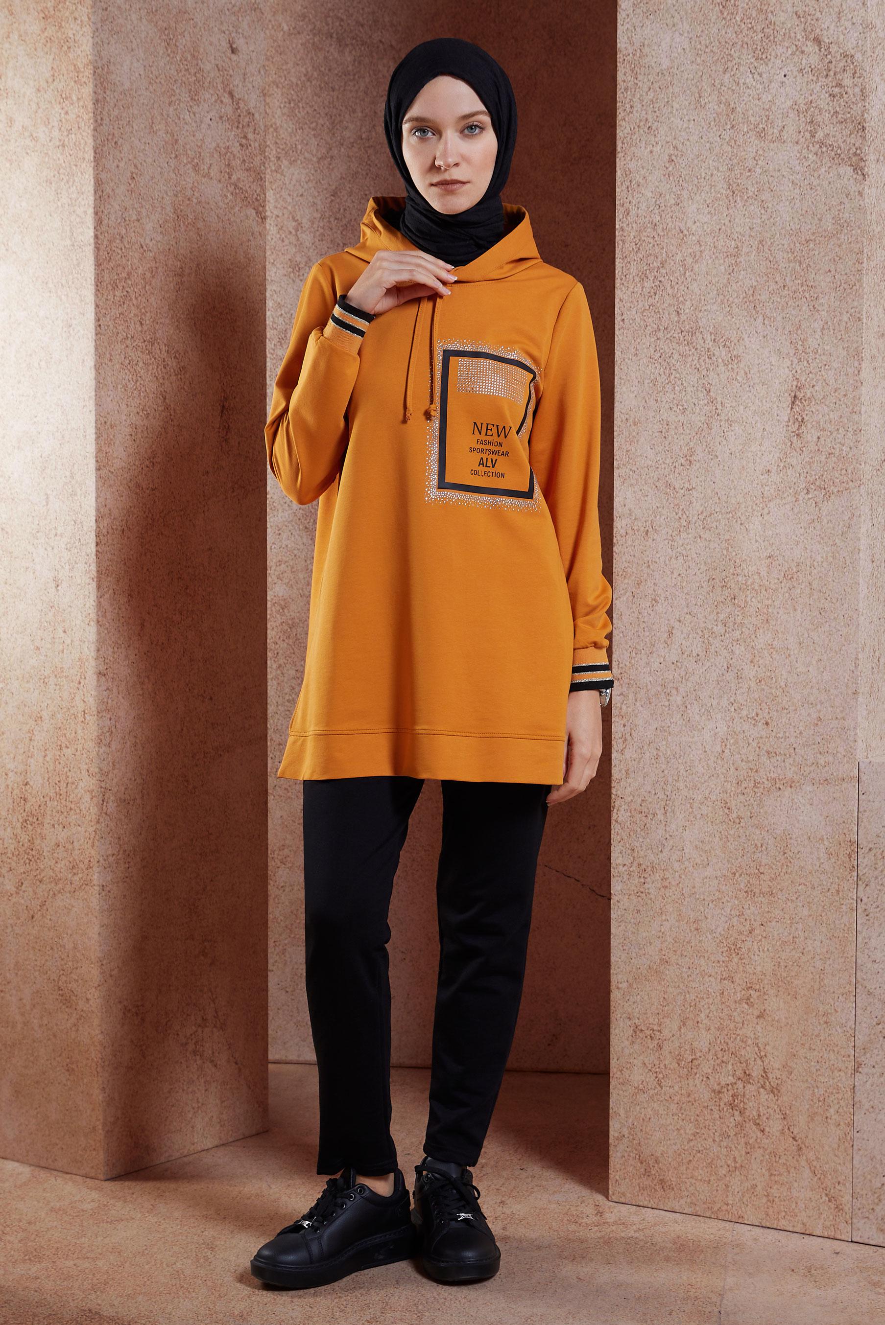 Tesettür giyim SARI YAZI BASKILI EŞOFMAN TUNİK 45056