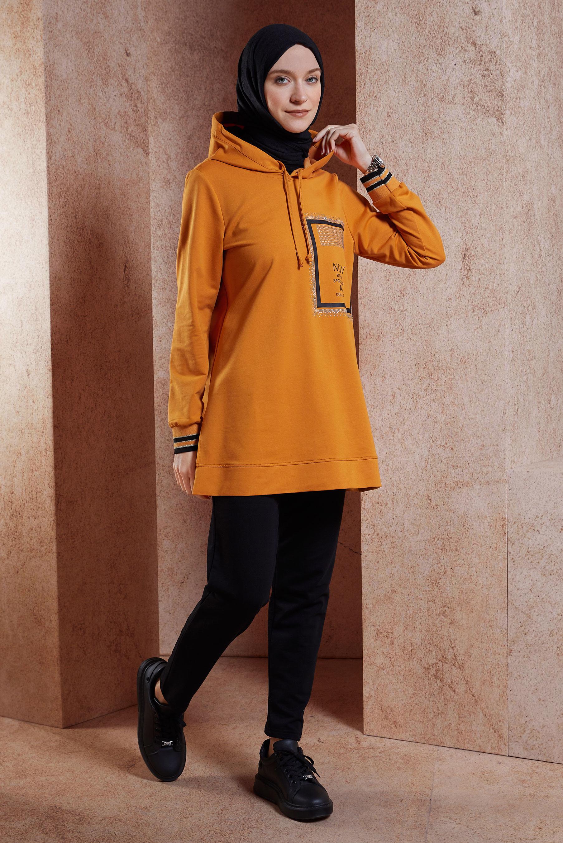 Tesettür giyim SARI YAZI BASKILI EŞOFMAN TUNİK 45056