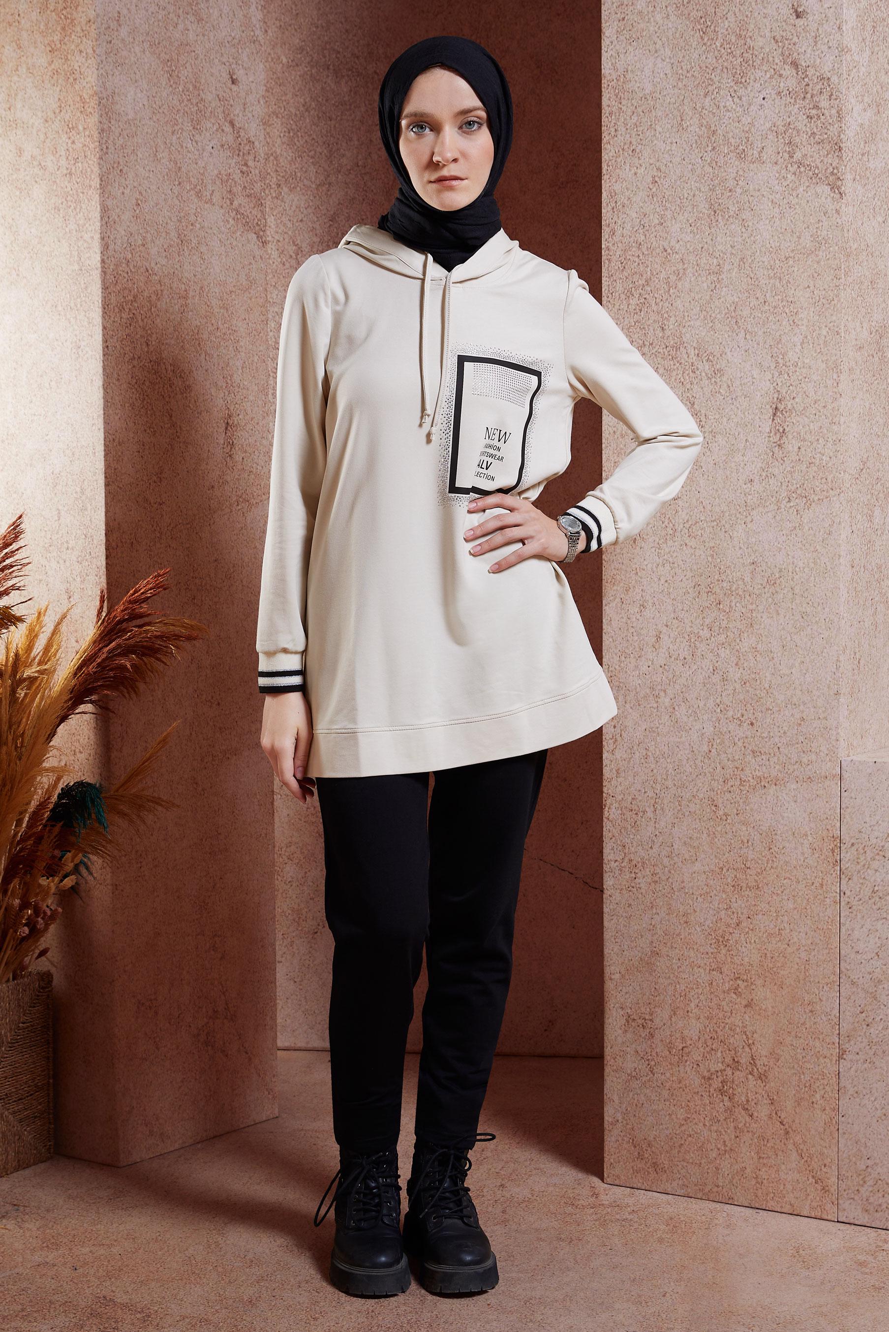 Hijab clothing BEIGE PRINTED TRACKSUIT TUNIC 45056