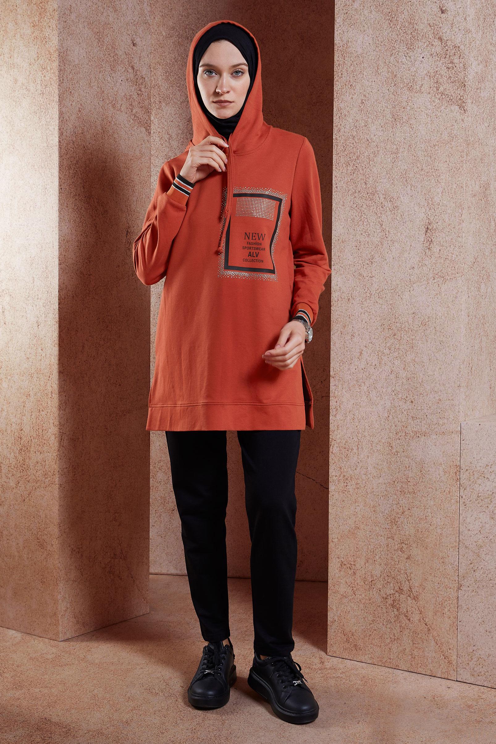 Tesettür giyim TURUNCU YAZI BASKILI EŞOFMAN TUNİK 45056