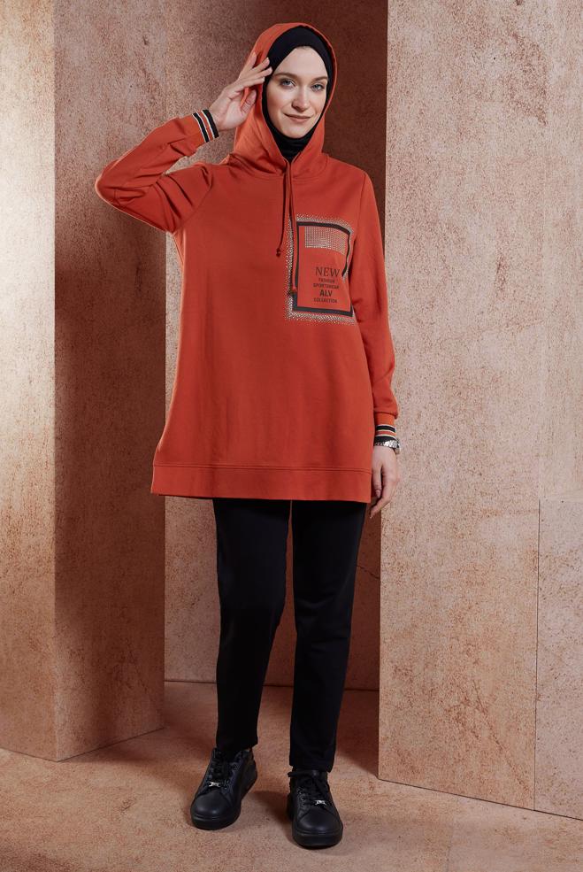 Vêtements hijab ORANGE TUNIQUE DE SURVÊTEMENT IMPRIMÉE 45056 - ALVİNA
