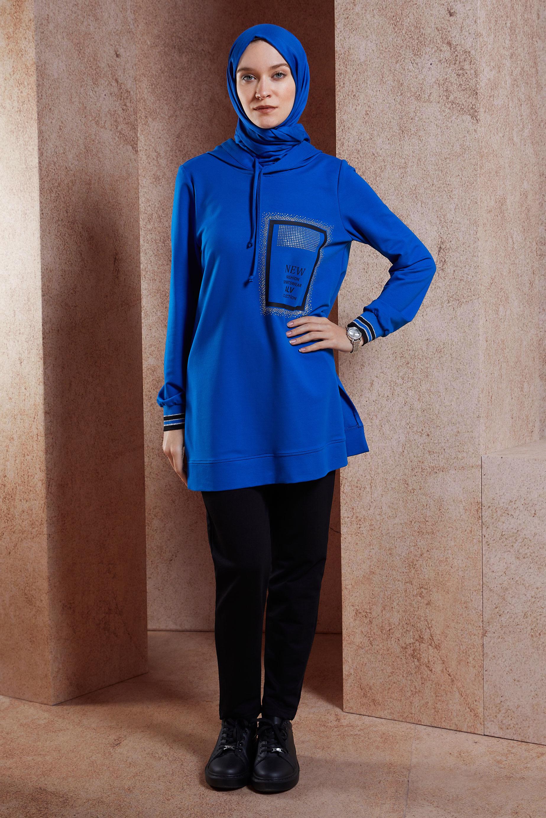 Tesettür giyim LACİVERT YAZI BASKILI EŞOFMAN TUNİK 45056