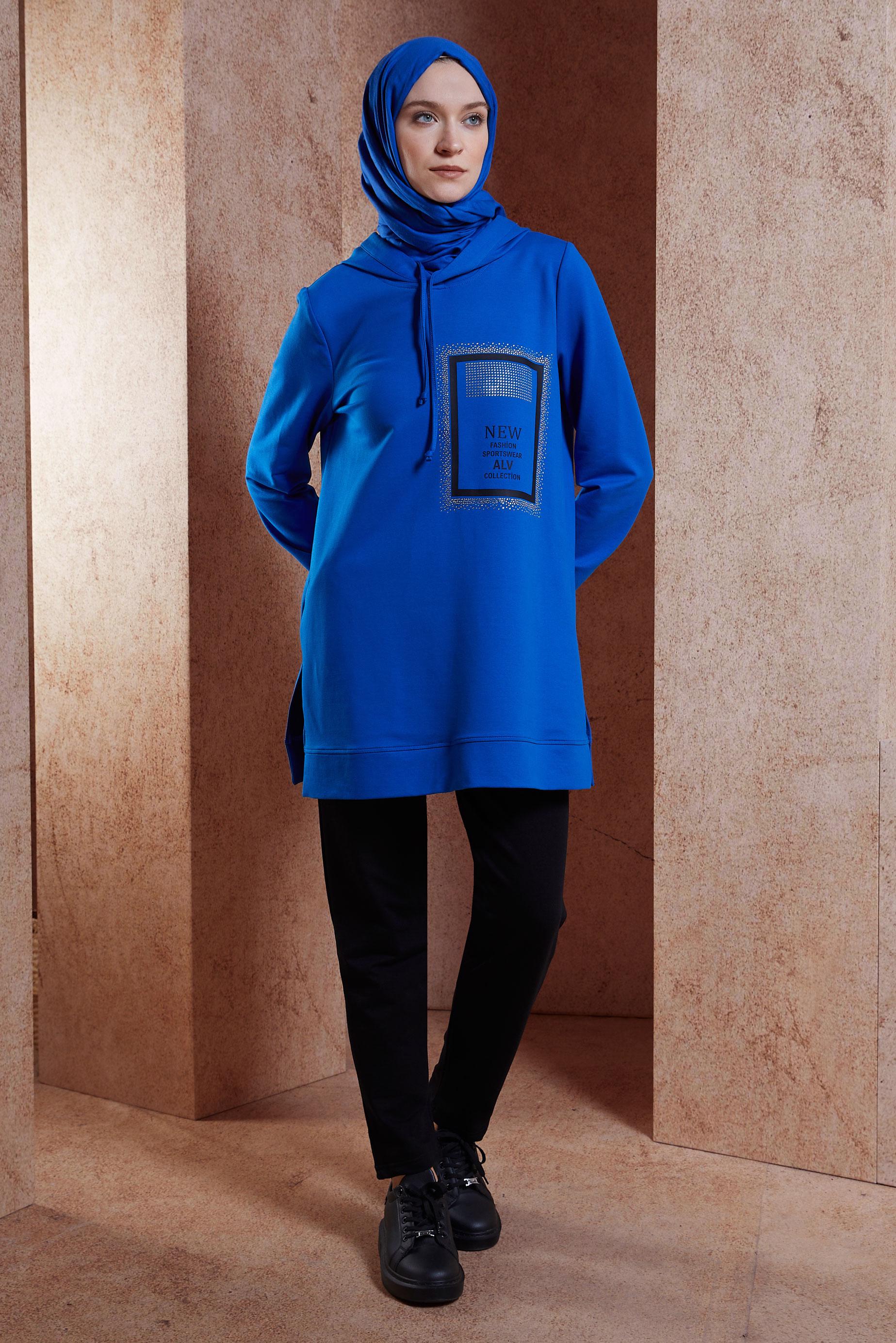 Tesettür giyim LACİVERT YAZI BASKILI EŞOFMAN TUNİK 45056