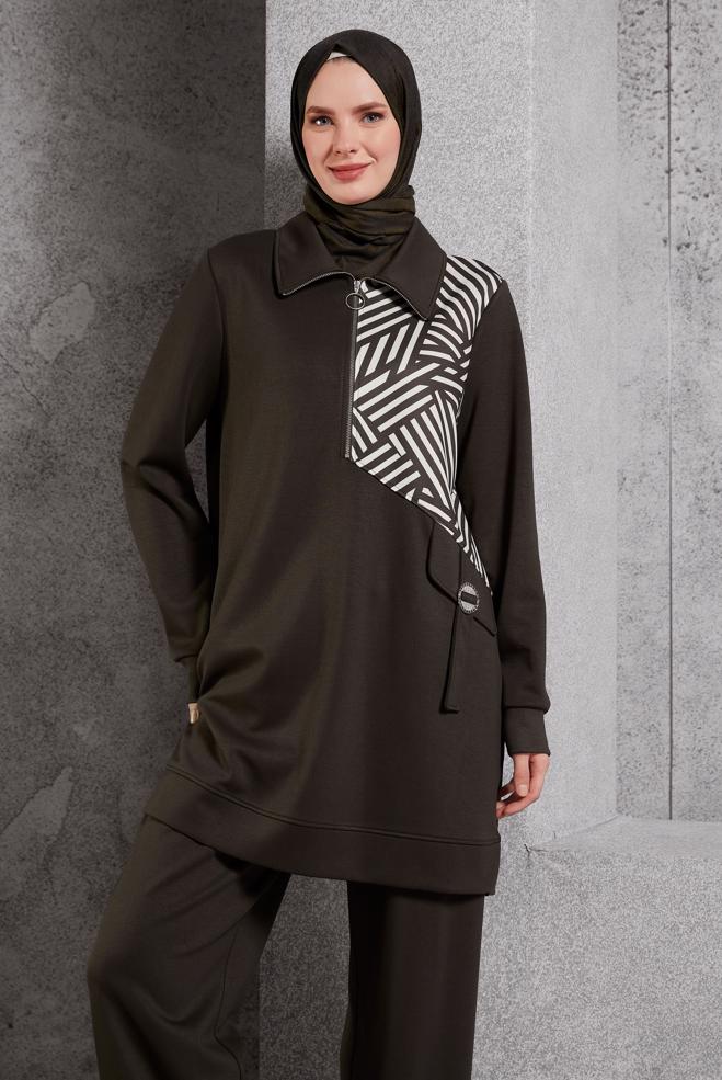 Vêtements hijab BRUN ENSEMBLE SURVÊTEMENT AVEC PANTALON 45064 - ALVİNA