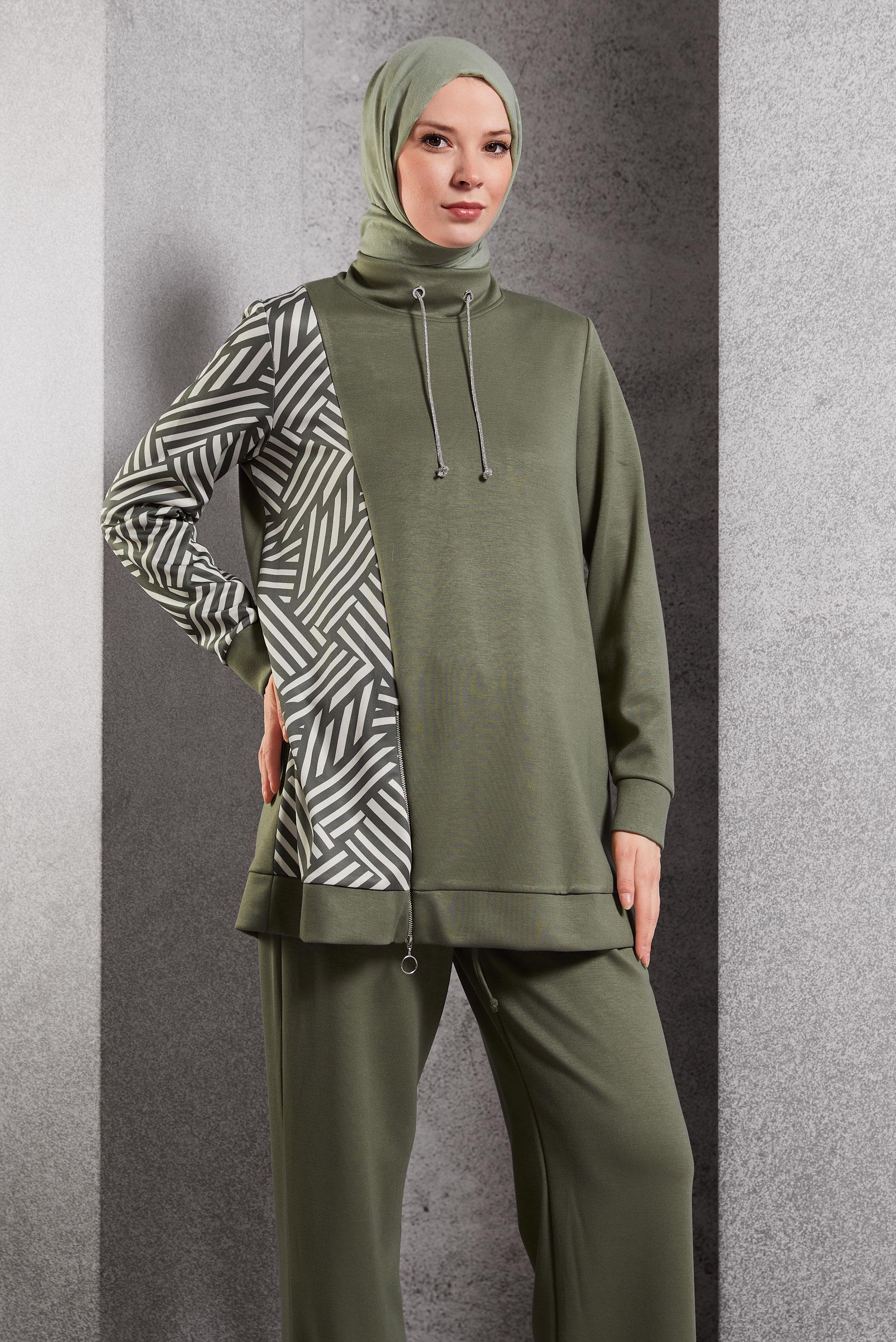 Tesettür giyim HAKİ DESENLİ PANTOLONLU EŞOFMAN TAKIM 45065