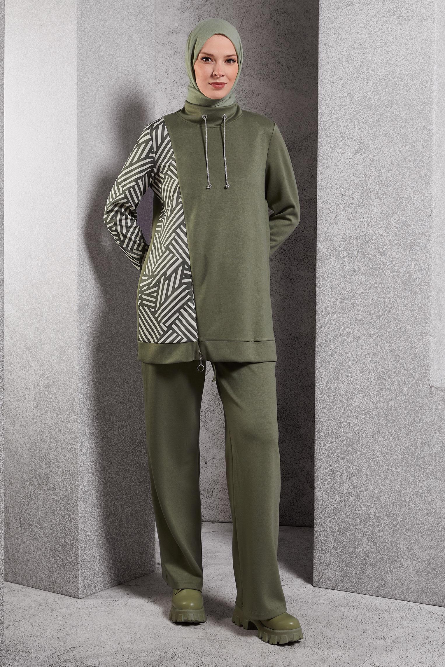 Tesettür giyim HAKİ DESENLİ PANTOLONLU EŞOFMAN TAKIM 45065