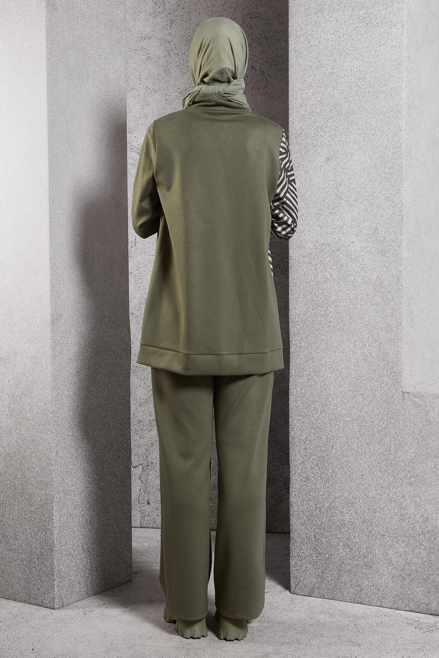 Tesettür giyim HAKİ DESENLİ PANTOLONLU EŞOFMAN TAKIM 45065