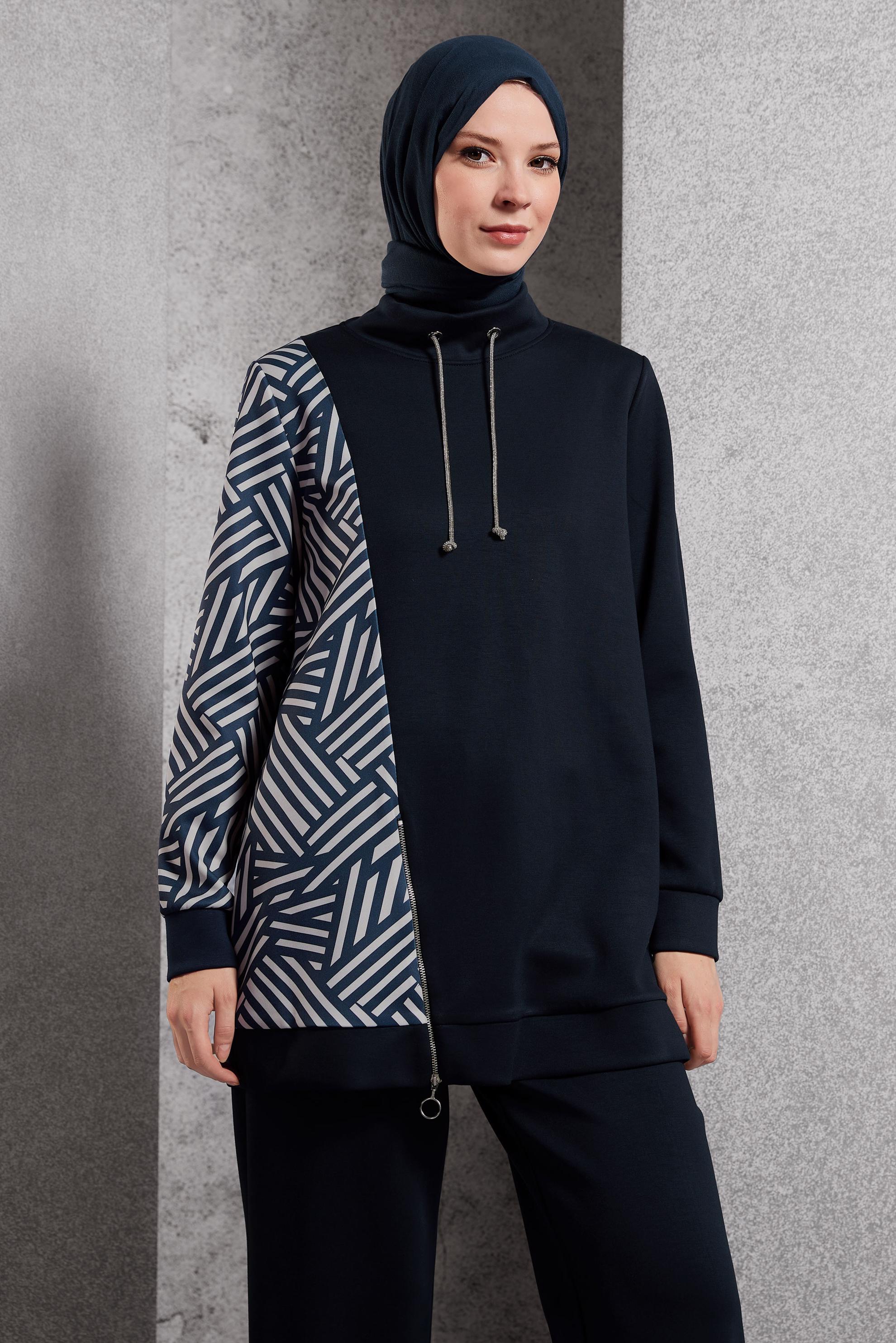 Tesettür giyim LACİVERT DESENLİ PANTOLONLU EŞOFMAN TAKIM 45065