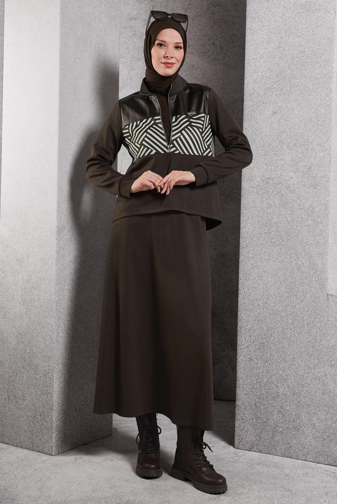 Vêtements hijab BRUN ENSEMBLE DE SURVÊTEMENT À JUPE 45066 - ALVİNA