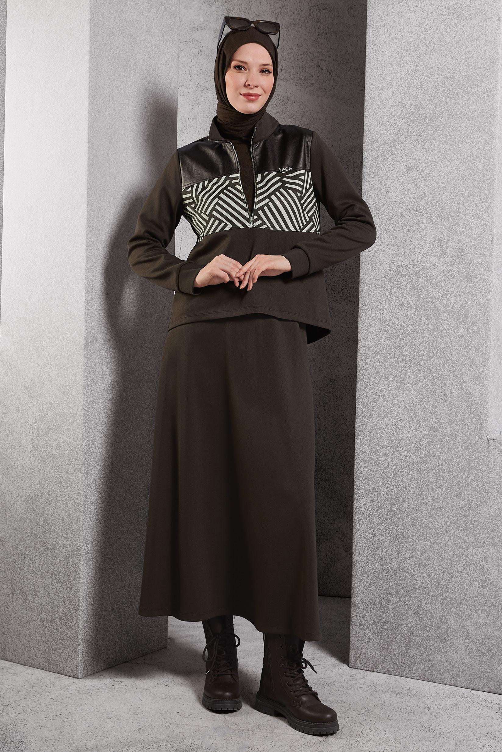 Vêtements hijab BRUN ENSEMBLE DE SURVÊTEMENT À JUPE 45066