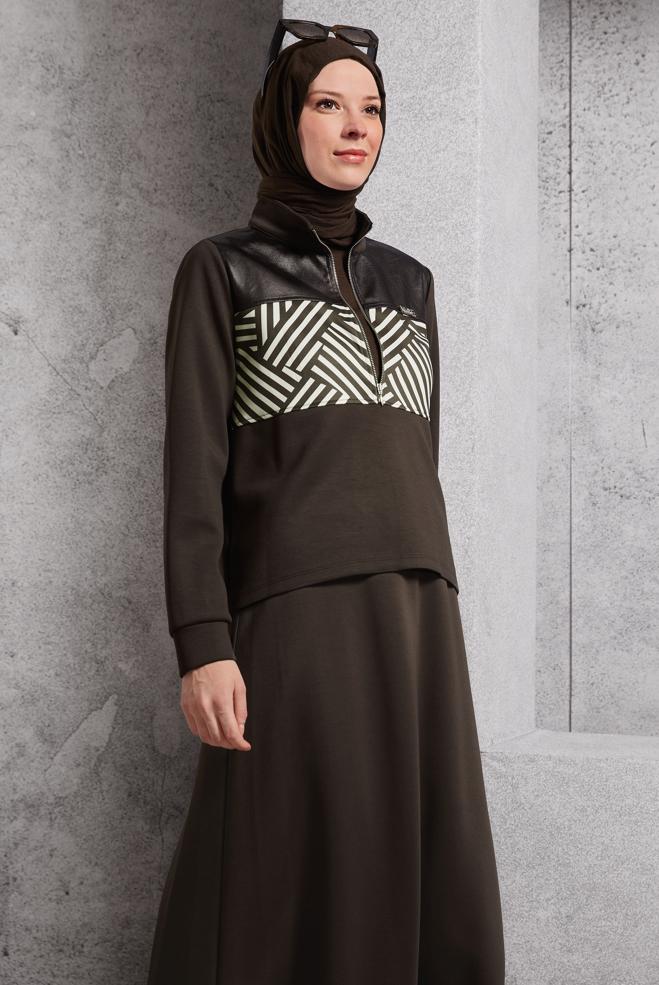 Vêtements hijab BRUN ENSEMBLE DE SURVÊTEMENT À JUPE 45066 - ALVİNA
