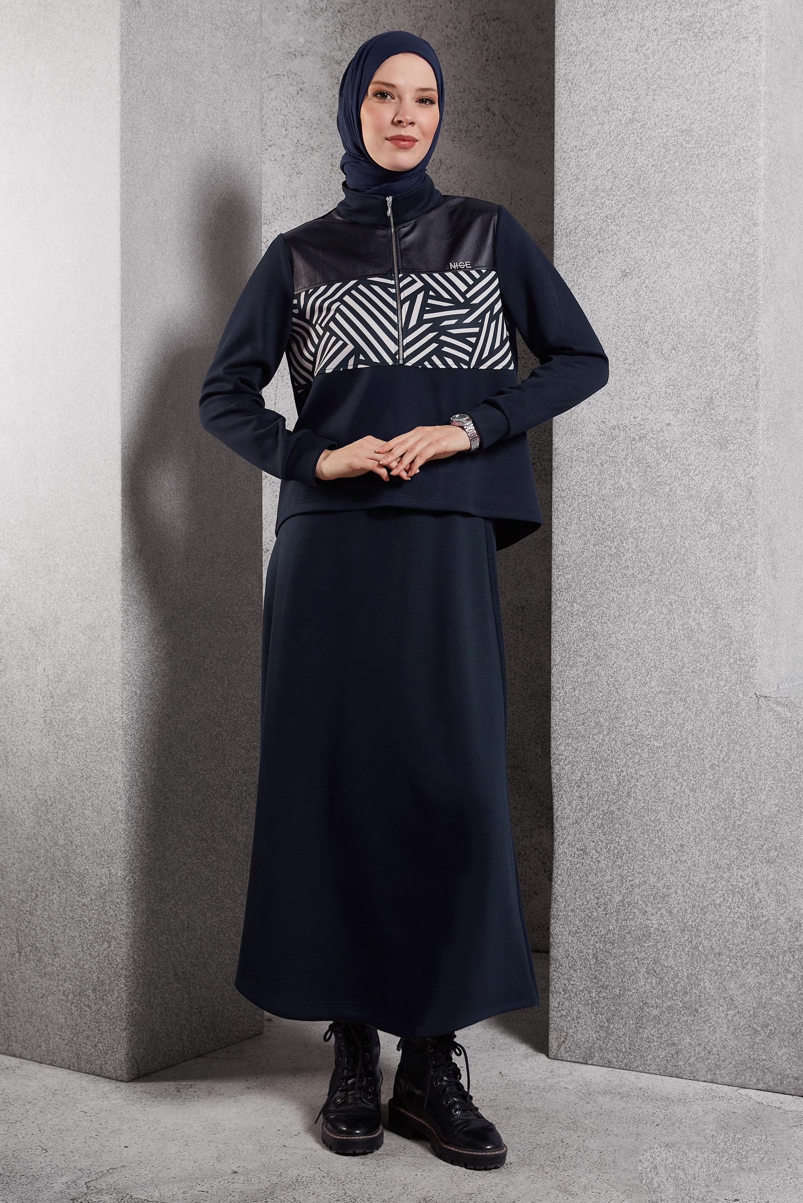 Vêtements hijab BLEU MARINE ENSEMBLE DE SURVÊTEMENT À JUPE 45066