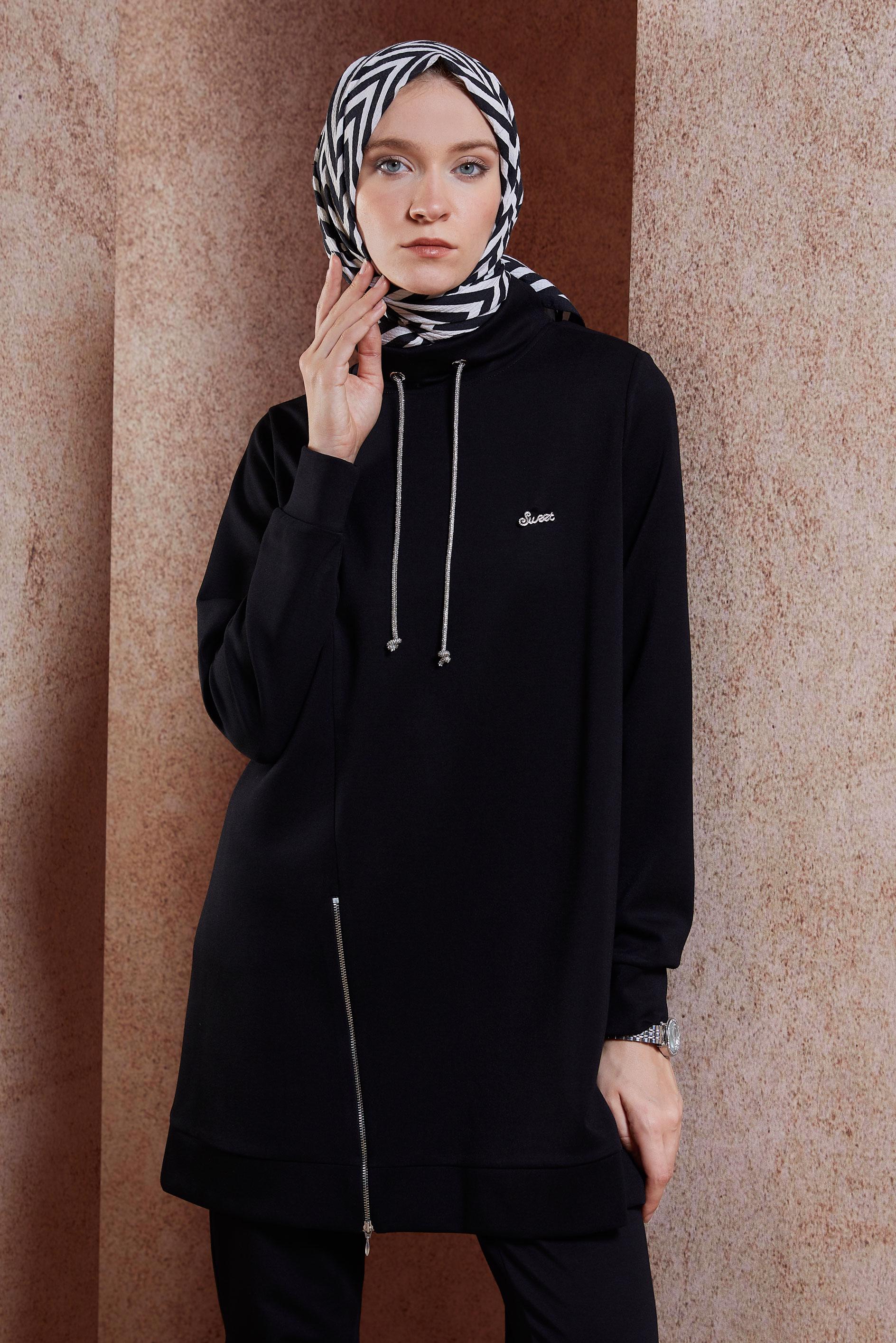 Tesettür giyim SİYAH FERMUAR DETAYLI EŞOFMAN TUNİK 45093